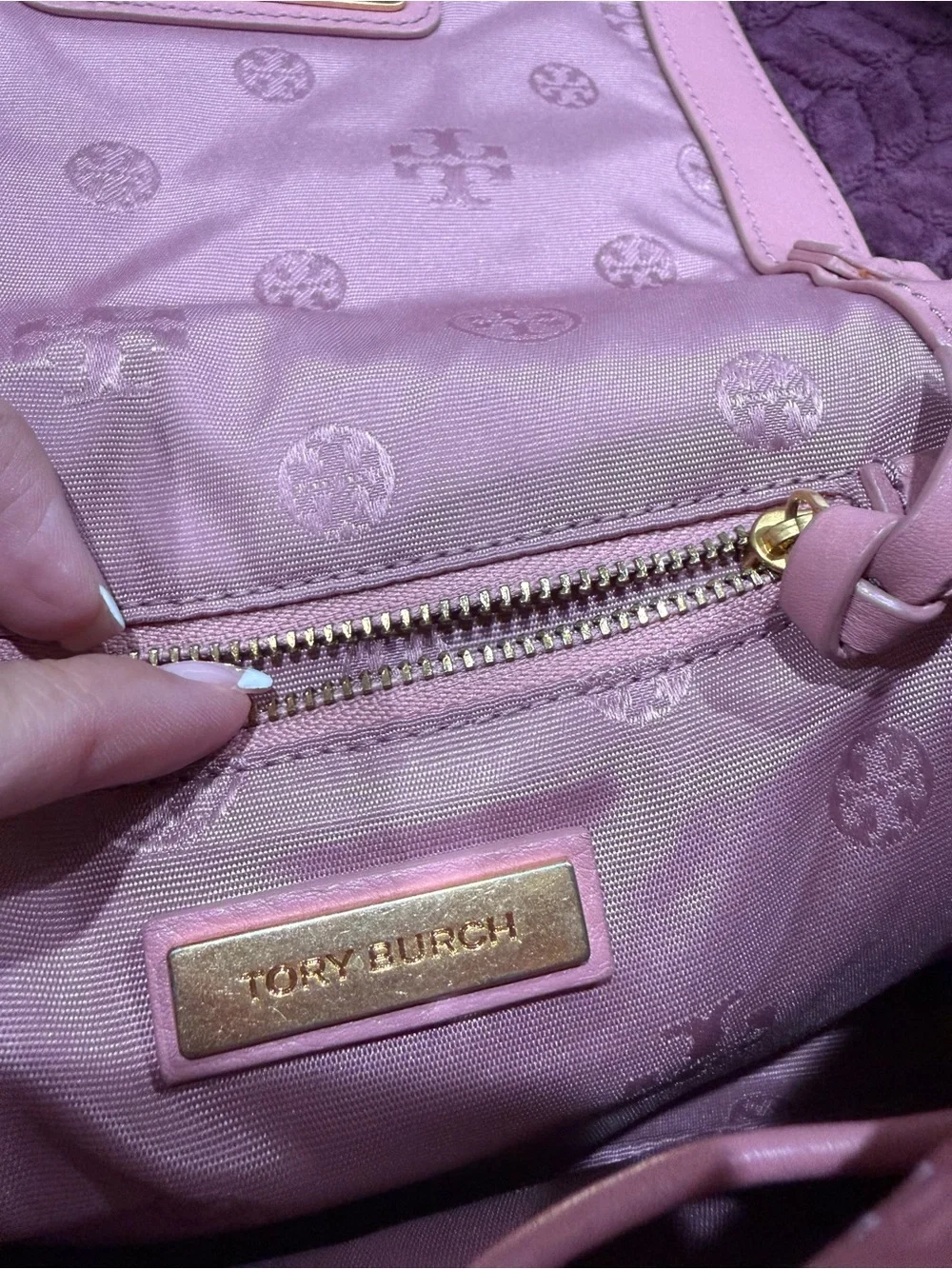 Tory Burch Pink Leather Crossbody Bag with Gold Logo Chain